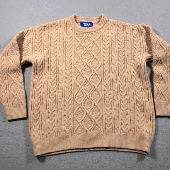 Elfric Eden Sweater‎ Mens Medium Beige Cable Knit Pullover Crewneck Chunky Warm - Picture 2 of 8